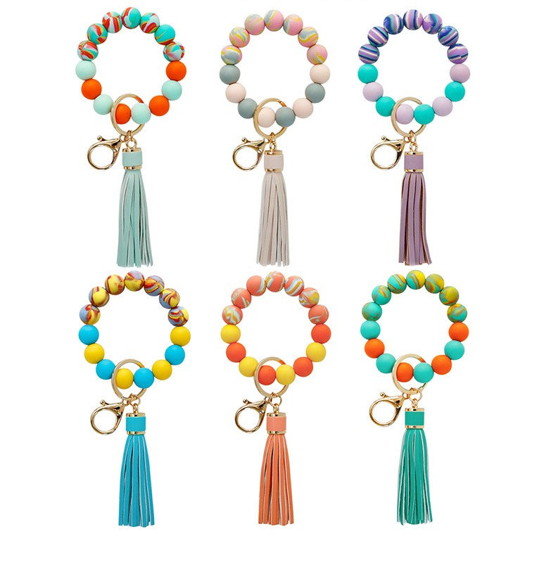 Colorful Silicone Beaded Tassel Wristlet Keychain Bracelets