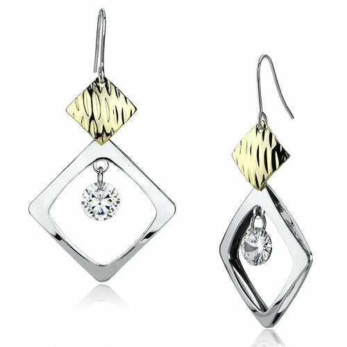 Gold+Rhodium Iron Earrings with AAA Grade CZ  in Clear LO2670