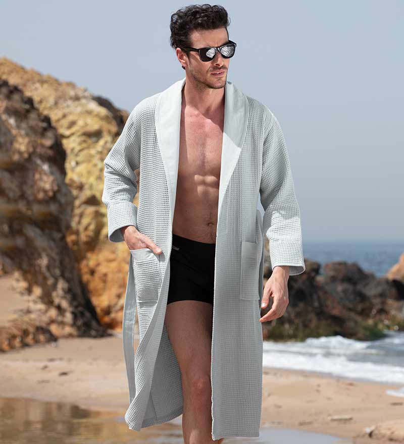 Men's Full Length Lightweight Waffle Spa Robe with Shawl Collar