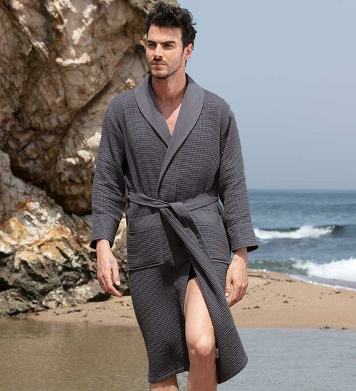 Men's Full Length Lightweight Waffle Spa Robe with Shawl Collar