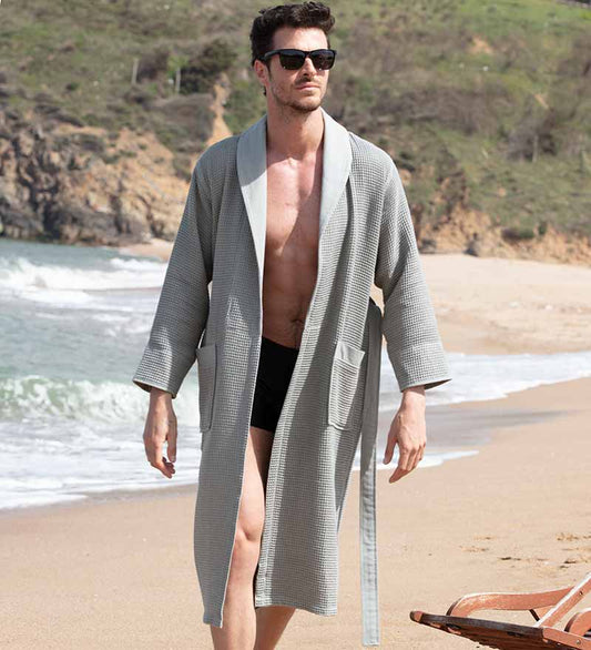 Men's Full Length Lightweight Waffle Spa Robe with Shawl Collar