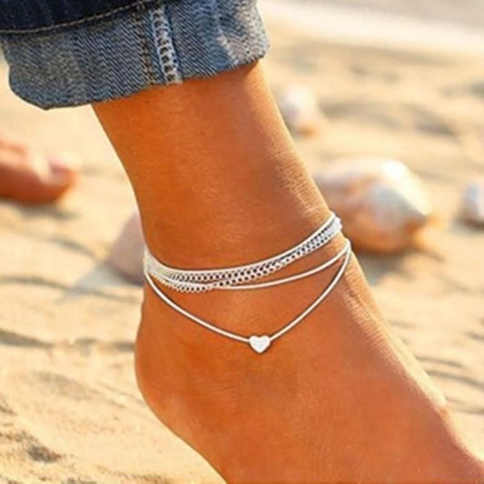 Bohemian Silver Heart Multi Chain Ankle Bracelet