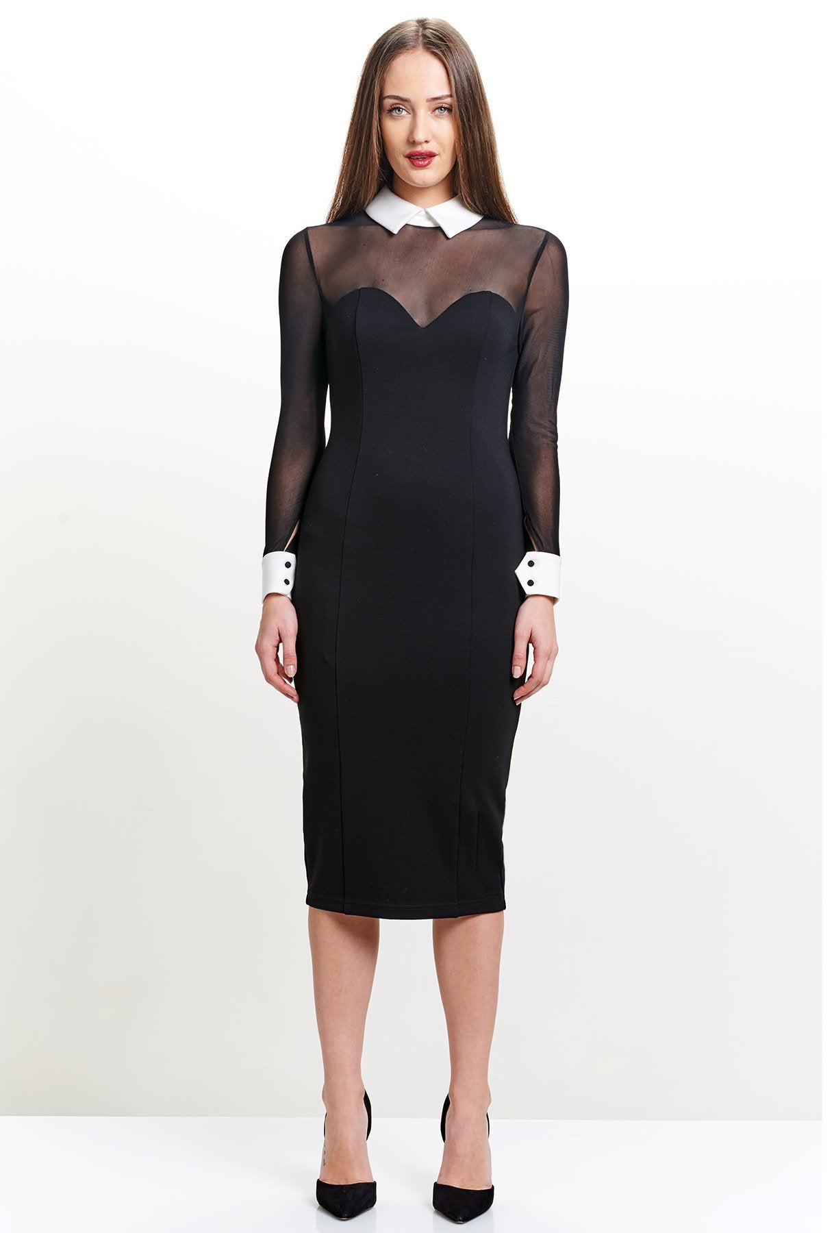 Tuxedo Illusion Dress - Midi dress with mesh sleeves