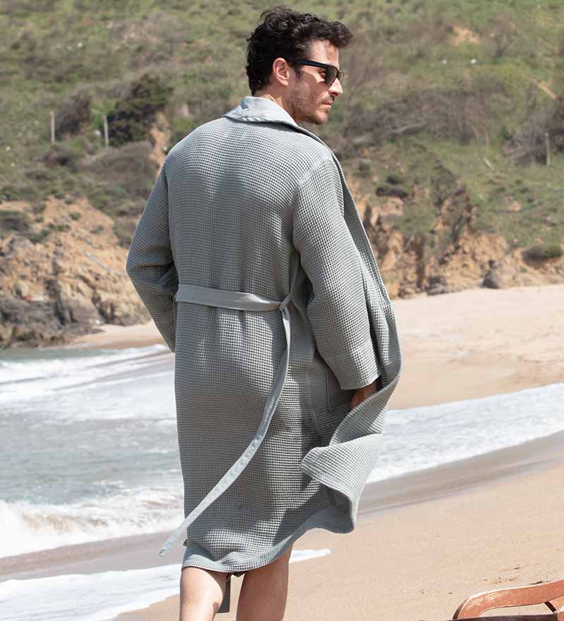 Men's Full Length Lightweight Waffle Spa Robe with Shawl Collar